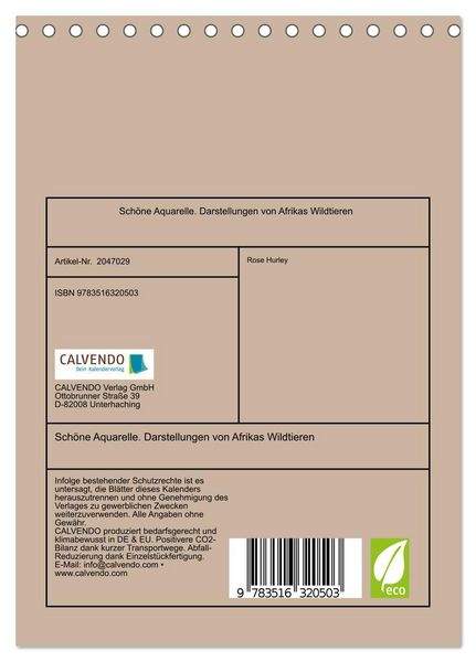 Produktbild: Sch&ouml;ne Aquarelle. Darstellungen von Afrikas Wildtieren (Tischkalender 2026 DIN A5 hoch), CALVENDO Monatskalender