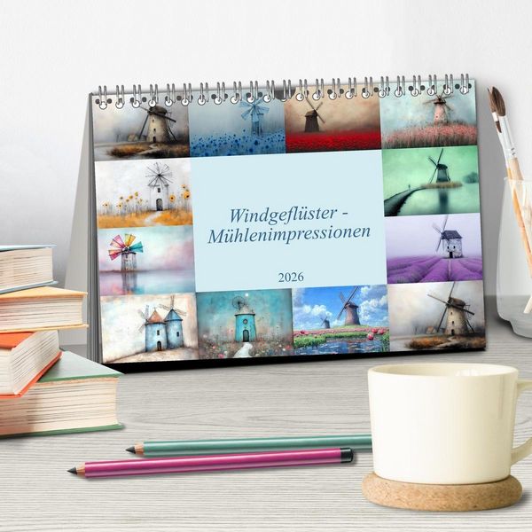 Produktbild: Windgefl&uuml;ster-M&uuml;hlenimpressionen (Tischkalender 2026 DIN A5 quer), CALVENDO Monatskalender
