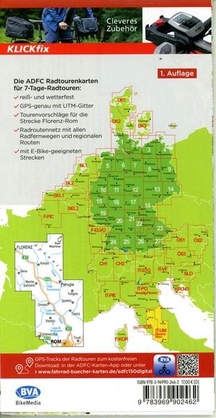 ADFC-Radtourenkarte IT-UM 7-Tage-Radtour Florenz-Rom, 1:150.000, reiß- und wetterfest, E-Bike geeignet, GPS-Tracks Download, mit Kilometer-Angaben