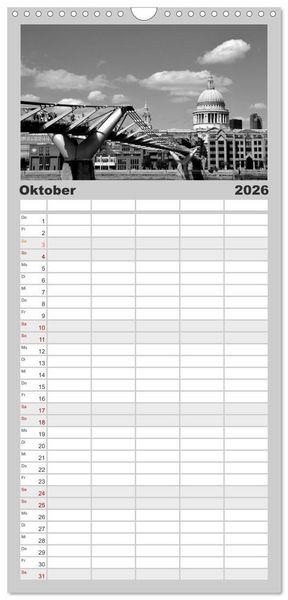 Produktbild: Familienplaner 2026 - London in Schwarz-Wei&szlig; mit 5 Spalten (Wandkalender, 21 x 45 cm) CALVENDO
