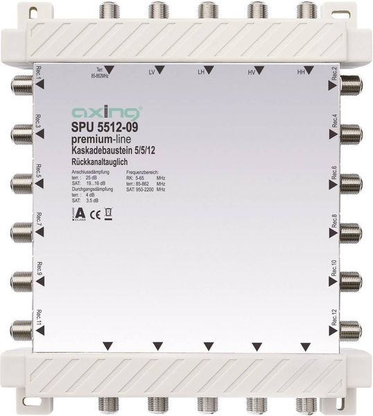 Produktbild: Axing SPU 5512-09 SAT Multischalter Kaskade Eing&auml;nge (Multischalter): 5 (4 SAT/1 terrestrisch) Teilnehmer-Anzahl: 12