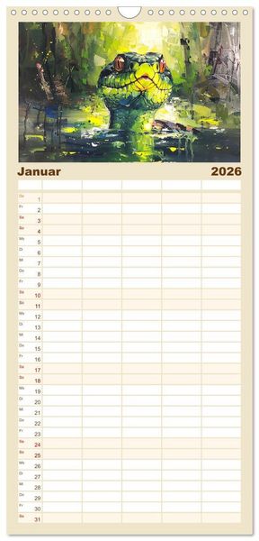 Produktbild: Familienplaner 2026 - Schlangen. Faszination Reptilien. Kunstvolle Paintings mit 5 Spalten (Wandkalender, 21 x 45 cm) CALVENDO