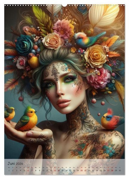 Produktbild: Fantasievolle Frauenportr&auml;ts - Bl&uuml;tenzauber und Paradiesv&ouml;gel (hochwertiger Premium Wandkalender 2026 DIN A2 hoch), Kunstdruck in Hochglanz