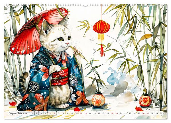 Produktbild: Geisha-Katzen - Mit Bl&uuml;ten, Schirm und Bambus im Japanstil (hochwertiger Premium Wandkalender 2026 DIN A2 quer), Kunstdruck in Hochglanz