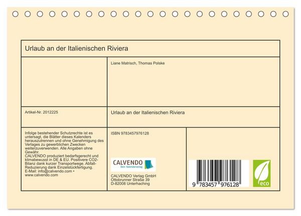 Produktbild: Urlaub an der Italienischen Riviera (Tischkalender 2026 DIN A5 quer), CALVENDO Monatskalender