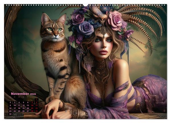 Produktbild: Luxuri&ouml;ser Bohemian Flair - Elegante Frauen mit anmutigen Katzen (hochwertiger Premium Wandkalender 2026 DIN A2 quer), Kunstdruck in Hochglanz