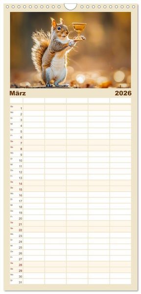 Produktbild: Familienplaner 2026 - Lustige Eichh&ouml;rnchen mit 5 Spalten (Wandkalender, 21 x 45 cm) CALVENDO
