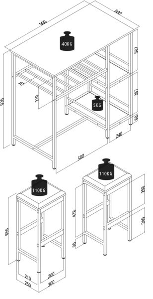 Produktbild: 3 tlg. Set Bartisch Bistrotisch Barhocker Kolari