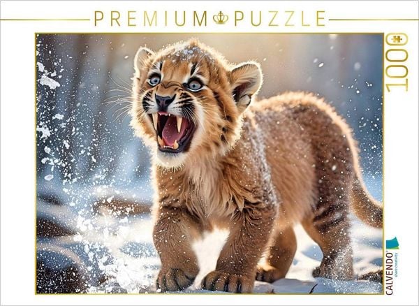 CALVENDO Puzzle Kleiner Säbelzahntiger im Schnee der Eiszeit | 1000 Teile Lege-Größe 64x48cm Foto-Puzzle für glückliche Stunden