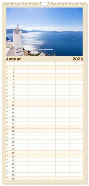 Produktbild: Familienplaner 2026 - Santorini - K&ouml;nigin der Kykladen mit 5 Spalten (Wandkalender, 21 x 45 cm) CALVENDO
