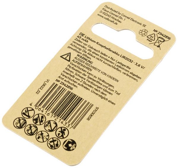 Produktbild: VOLTCRAFT LIR2032 Knopfzellen-Akku LIR2032 Lithium 45 mAh 3.6V 1St.