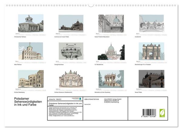 Produktbild: Potsdamer Sehensw&uuml;rdigkeiten in Ink und Farbe (hochwertiger Premium Wandkalender 2026 DIN A2 quer), Kunstdruck in Hochglanz