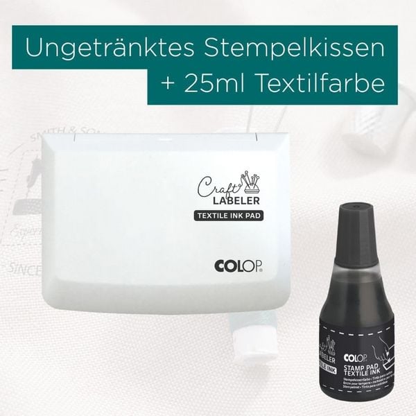Produktbild: COLOP Craft Labeler Set Textil, 1 Stempelkissen und Fl&auml;schchen mit 25 ml Tinte