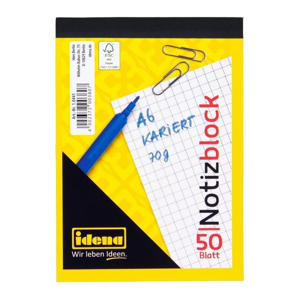Idena Notizblock kariert 50 Blatt 70g/m² DIN A6