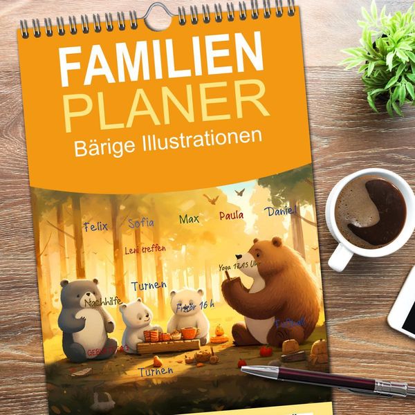 Produktbild: Familienplaner 2026 - B&auml;rige Illustrationen mit 5 Spalten (Wandkalender, 21 x 45 cm) CALVENDO