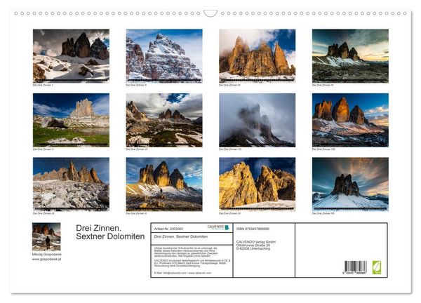 Produktbild: Drei Zinnen. Sextner Dolomiten (Wandkalender 2026 DIN A2 quer), CALVENDO Monatskalender