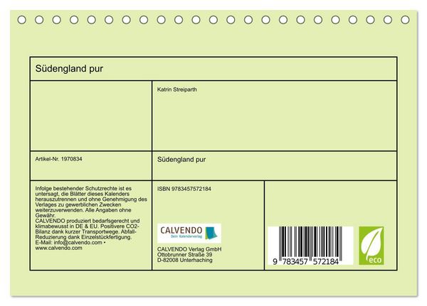Produktbild: S&uuml;dengland pur (Tischkalender 2026 DIN A5 quer), CALVENDO Monatskalender