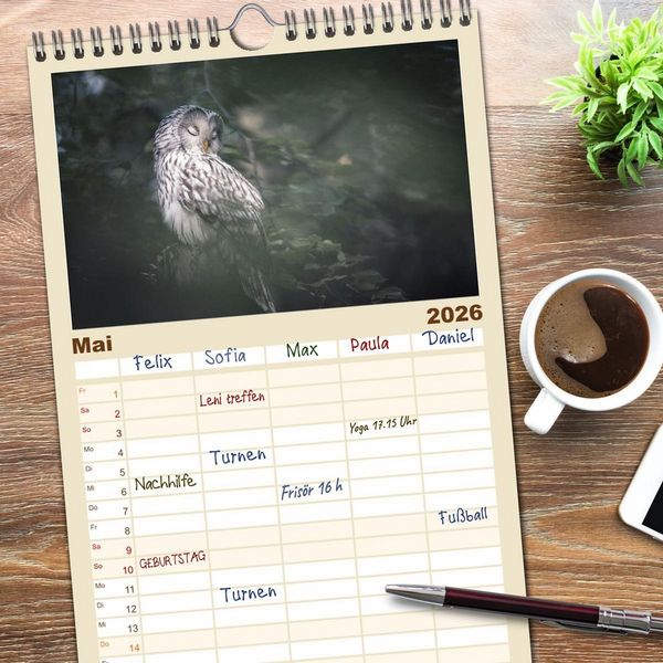 Produktbild: Familienplaner 2026 - Eulen - sch&ouml;n und geheimnisvoll mit 5 Spalten (Wandkalender, 21 x 45 cm) CALVENDO