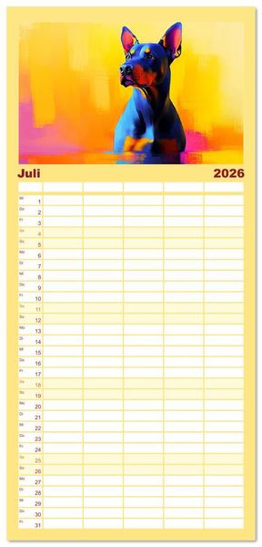 Produktbild: Familienplaner 2026 - Kraftvolle Partner. Hunde in k&uuml;nstlerischer &Ouml;loptik mit 5 Spalten (Wandkalender, 21 x 45 cm) CALVENDO