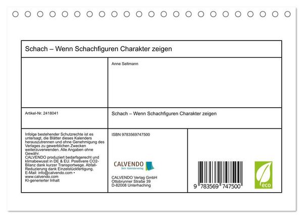 Produktbild: Schach &ndash; Wenn Schachfiguren Charakter zeigen (Tischkalender 2027 DIN A5 quer), CALVENDO Monatskalender