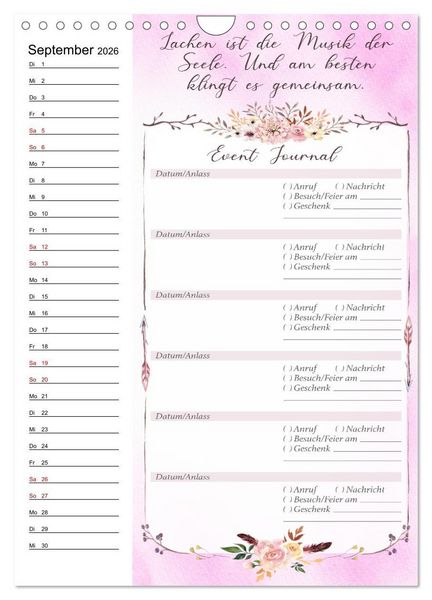 Produktbild: Geburtstagsplaner Boho Rosa - F&uuml;r Termine, Geschenke, Eventdetails & mehr (Wandkalender 2026 DIN A4 hoch), CALVENDO Monatskalender