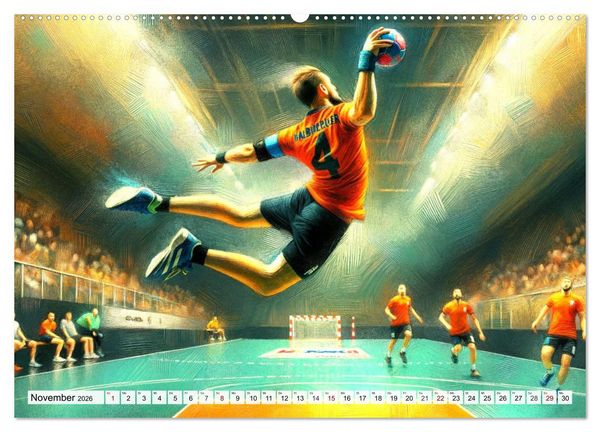 Produktbild: Handball Impressionismus, K&uuml;nstlerische Handballaktionen im KI-Pinselstrich (hochwertiger Premium Wandkalender 2026 DIN A2 quer), Kunstdruck in Hochglanz