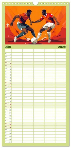 Produktbild: Familienplaner 2026 - Magie des Fussballs - Illustrierte Emotionen auf dem Rasen mit 5 Spalten (Wandkalender, 21 x 45 cm) CALVENDO