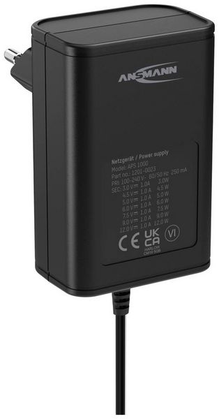 Produktbild: Ansmann 1201-0023 Steckernetzteil, einstellbar 12 V/DC, 9 V/DC, 7.5 V/DC, 6 V, 4.5 V/DC, 3 V 1000 mA 12 W
