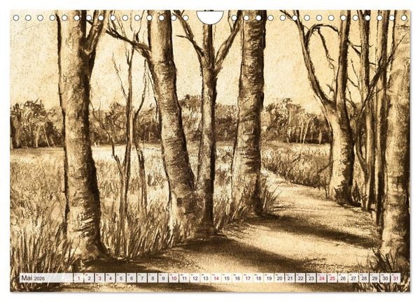 Produktbild: Pausen f&uuml;r deine Seele - Seelenlandschaften in Sepia - Ein Jahr der Ruhe mit Kohlezeichnungen (Wandkalender 2026 DIN A4 quer), CALVENDO Monatskalender