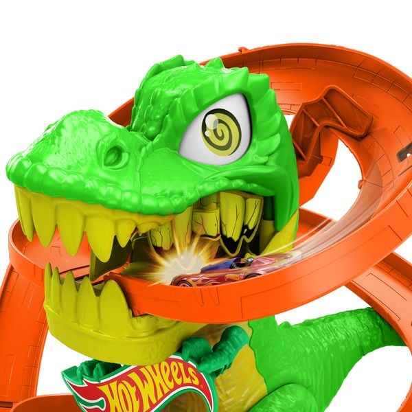 Produktbild: Hot Wheels City T-Rex-Feuerschlacht Spielset und Die-Cast-Spielzeugauto im Maßstab 1:64, gegnerischer Dinosaurier