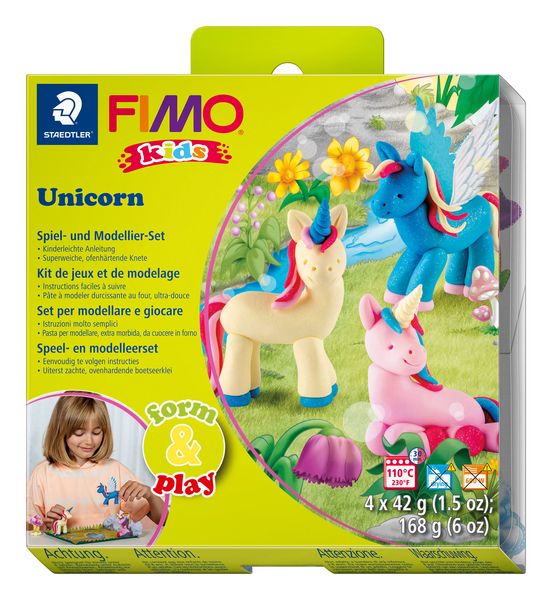 Produktbild: STAEDTLER FIMO kids 8034, ofenh&auml;rtende Modelliermasse, Set Unicorn mit 4 Bl&ouml;cken 42 g, Modellierstab
