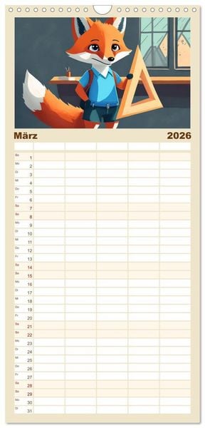 Produktbild: Familienplaner 2026 - Schlaufuchs - Abenteuer Schule mit 5 Spalten (Wandkalender, 21 x 45 cm) CALVENDO