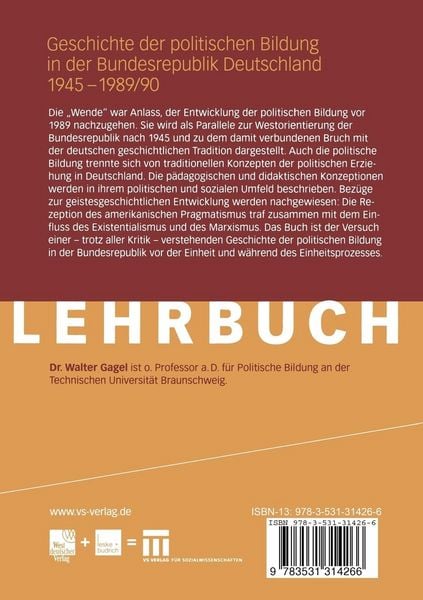 Produktbild: Geschichte der politischen Bildung in der Bundesrepublik Deutschland 1945 &ndash; 1989/90