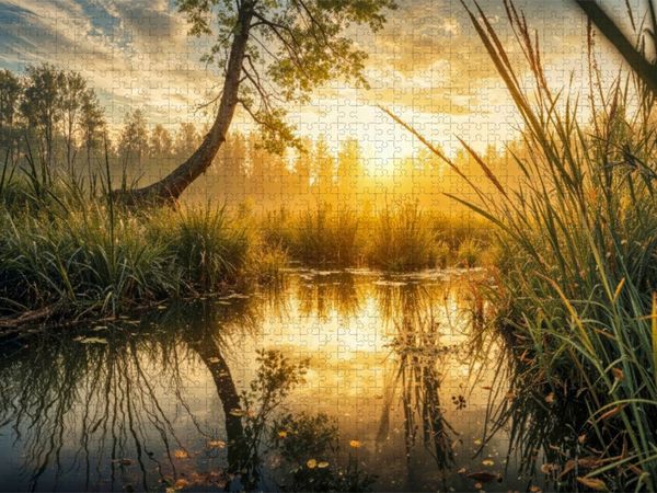 Produktbild: CALVENDO Puzzle Ein Natursee spiegelt die aufgehende Sonne - der Sommer zeigt seine stille Seite | 1000 Teile Lege-Gr&ouml;&szlig;e 64x48cm Foto-Puzzle f&uuml;r gl&uuml;ck