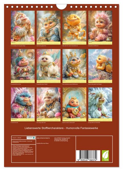 Produktbild: Liebenswerte Stofftiercharaktere - Humorvolle Fantasiewerke (Wandkalender 2027 DIN A4 hoch), CALVENDO Monatskalender