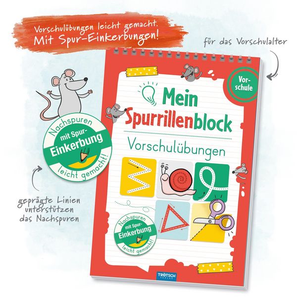 Produktbild: TR&Ouml;TSCH - Spurrillenblock "Vorschul&uuml;bungen" | &Uuml;bungsbuch mit vorgepr&auml;gten Linien f&uuml;r spielerische Schwung&uuml;bungen. &Uuml;bungsheft mit kreativen Bastelideen f&uuml;r zus&auml;tzlichen Lernspa&szlig; | Ab 4 Jahren
