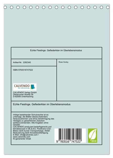 Produktbild: Echte Fieslinge. Gefiederklan im &Uuml;berlebensmodus (Tischkalender 2026 DIN A5 hoch), CALVENDO Monatskalender
