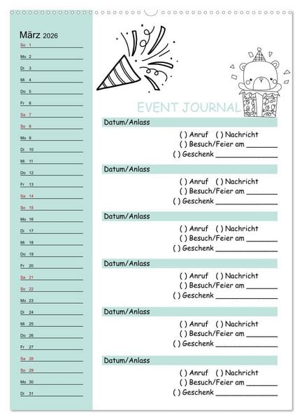 Produktbild: Geburtstagsplaner Doodle Tiere - F&uuml;r Termine, Geschenke, Eventdetails & mehr (Wandkalender 2026 DIN A2 hoch), CALVENDO Monatskalender