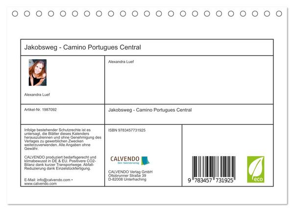 Produktbild: Jakobsweg - Camino Portugues Central (Tischkalender 2026 DIN A5 quer), CALVENDO Monatskalender