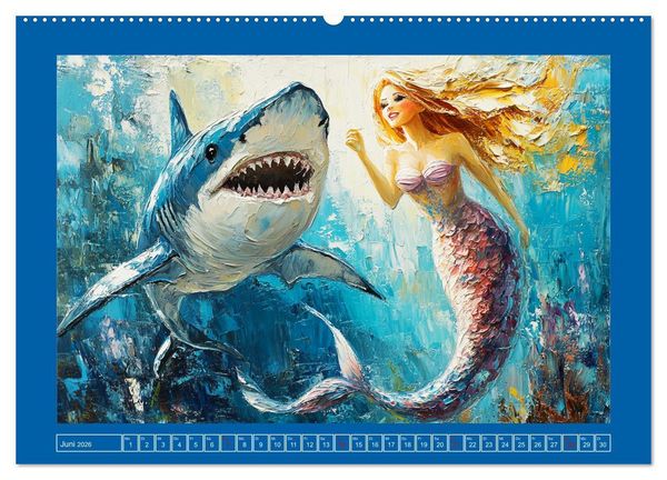 Produktbild: Meerjungfrauen. Zauberhafte Illustrationen im &Ouml;lgem&auml;lde-Stil (hochwertiger Premium Wandkalender 2026 DIN A2 quer), Kunstdruck in Hochglanz