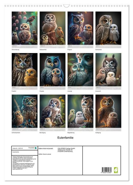 Produktbild: Eulenfamilie (Wandkalender 2026 DIN A2 hoch), CALVENDO Monatskalender