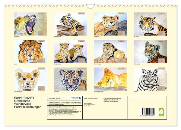 Produktbild: PortraiTierART Gro&szlig;katzen - Wundervolle Portraitzeichnungen (Wandkalender 2026 DIN A3 quer), CALVENDO Monatskalender