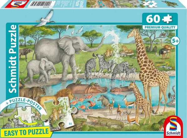 Schmidt 55753 - Afrikas Tiere, Easy to Puzzle, Kinderpuzzle mit Poster, 60 Teile