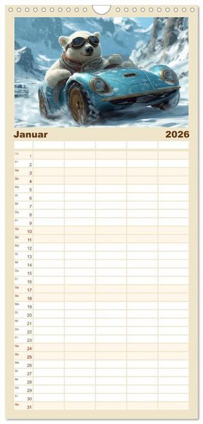Produktbild: Familienplaner 2026 - Tierische Rennfahrer - Mit Tieren im Oldtimer durch das Jahr mit 5 Spalten (Wandkalender, 21 x 45 cm) CALVENDO