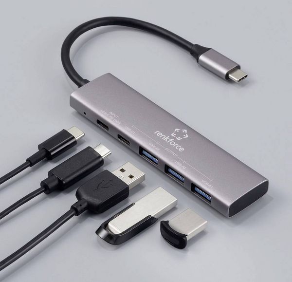 Produktbild: Renkforce RF-6439798 USB-Hub 5 Port USB-A USB 3.2 Gen1 5 GBit/s USB-C&reg; PD Ladeanschluss Grau RF-USBH-280