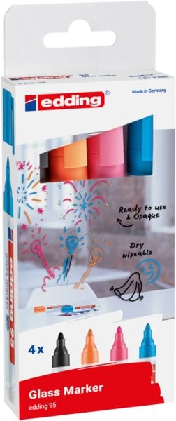 Produktbild: EDDING&reg; Glasboard Marker 95, 4er Etui (schwarz, hellblau, rosa, orange) Kartonetui