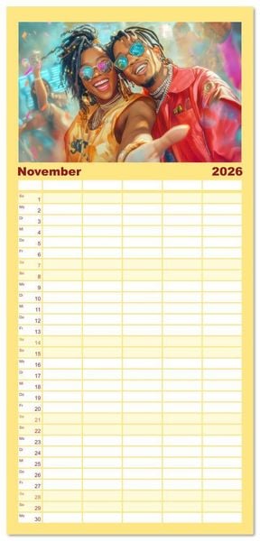 Produktbild: Familienplaner 2026 - Feiern und Musik - Beschwingt dabei mit 5 Spalten (Wandkalender, 21 x 45 cm) CALVENDO