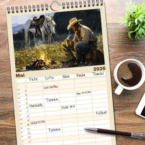Produktbild: Familienplaner 2026 - Pferde, Freiheit, Westernreiten mit 5 Spalten (Wandkalender, 21 x 45 cm) CALVENDO
