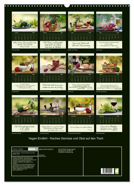 Produktbild: Vegan Ern&auml;hrt - frisches Gem&uuml;se und Obst auf den Tisch (Wandkalender 2026 DIN A2 hoch), CALVENDO Monatskalender