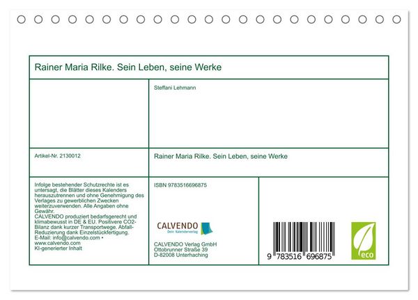 Produktbild: Rainer Maria Rilke. Sein Leben, seine Werke (Tischkalender 2026 DIN A5 quer), CALVENDO Monatskalender